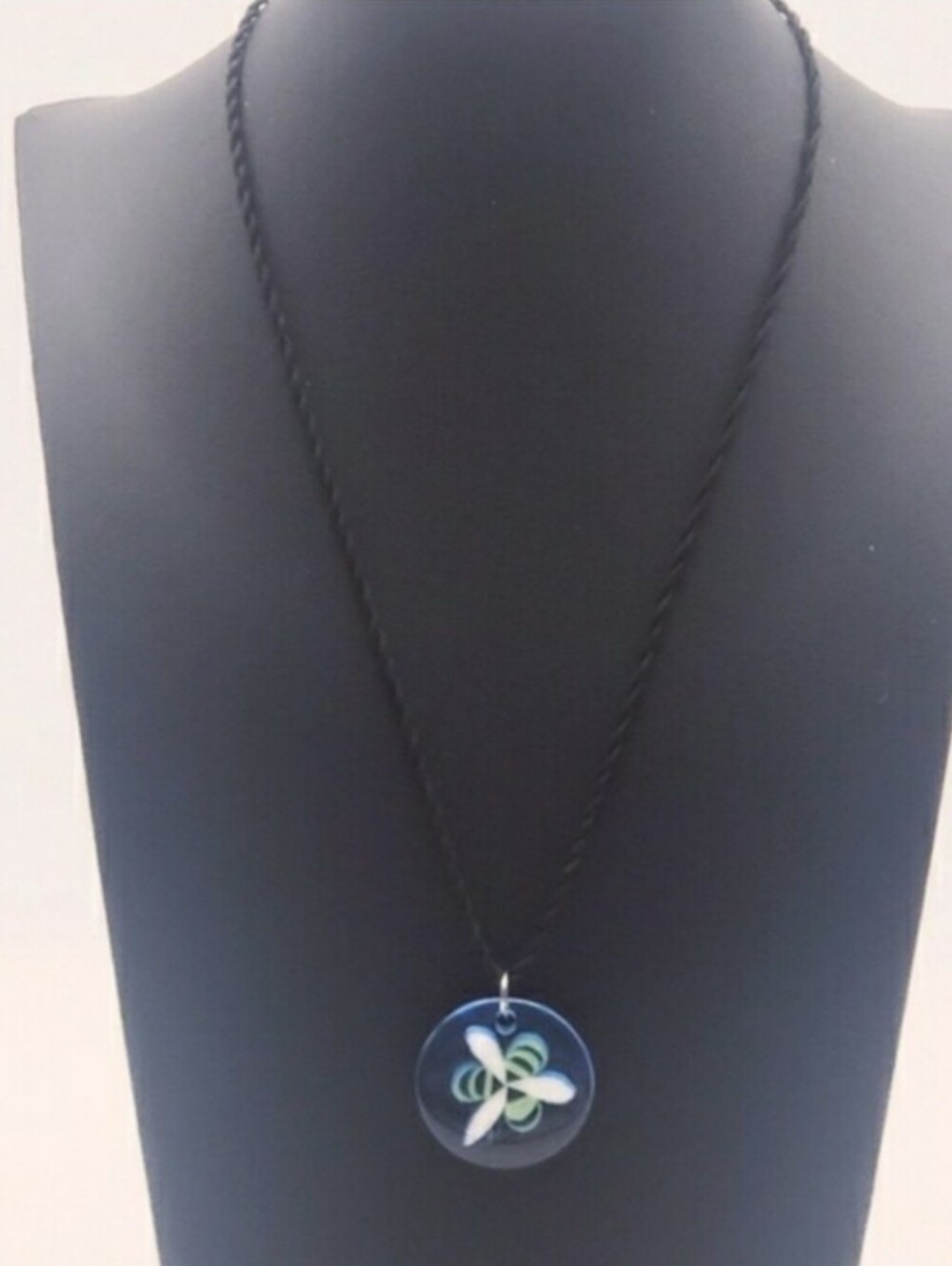 Vintage Blue and Green "Bee" Dragonfly Printed Disc Pendant Necklace